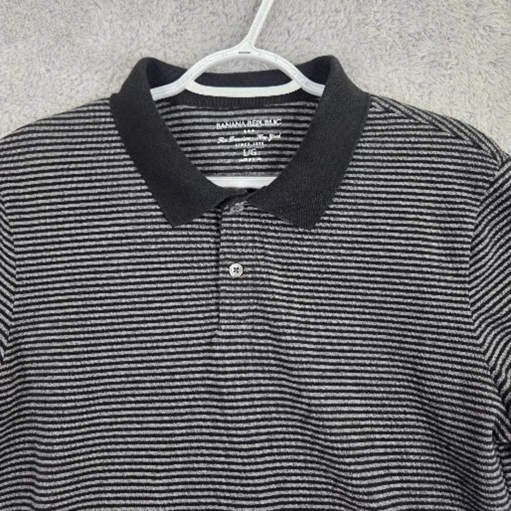 Banana Republic Polo Shirt Men's Large Gray Black‎ Striped Casual Cotton Classic